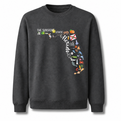 Florida Illustrated Landmarks Travel Map State Sweatshirt - Dark Heather