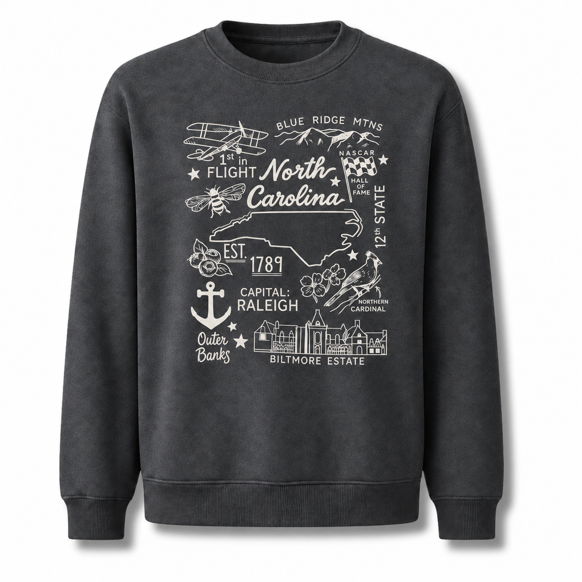 North Carolina Retro Arched Varsity Athletic Classic Sweatshirt - Dark Heather