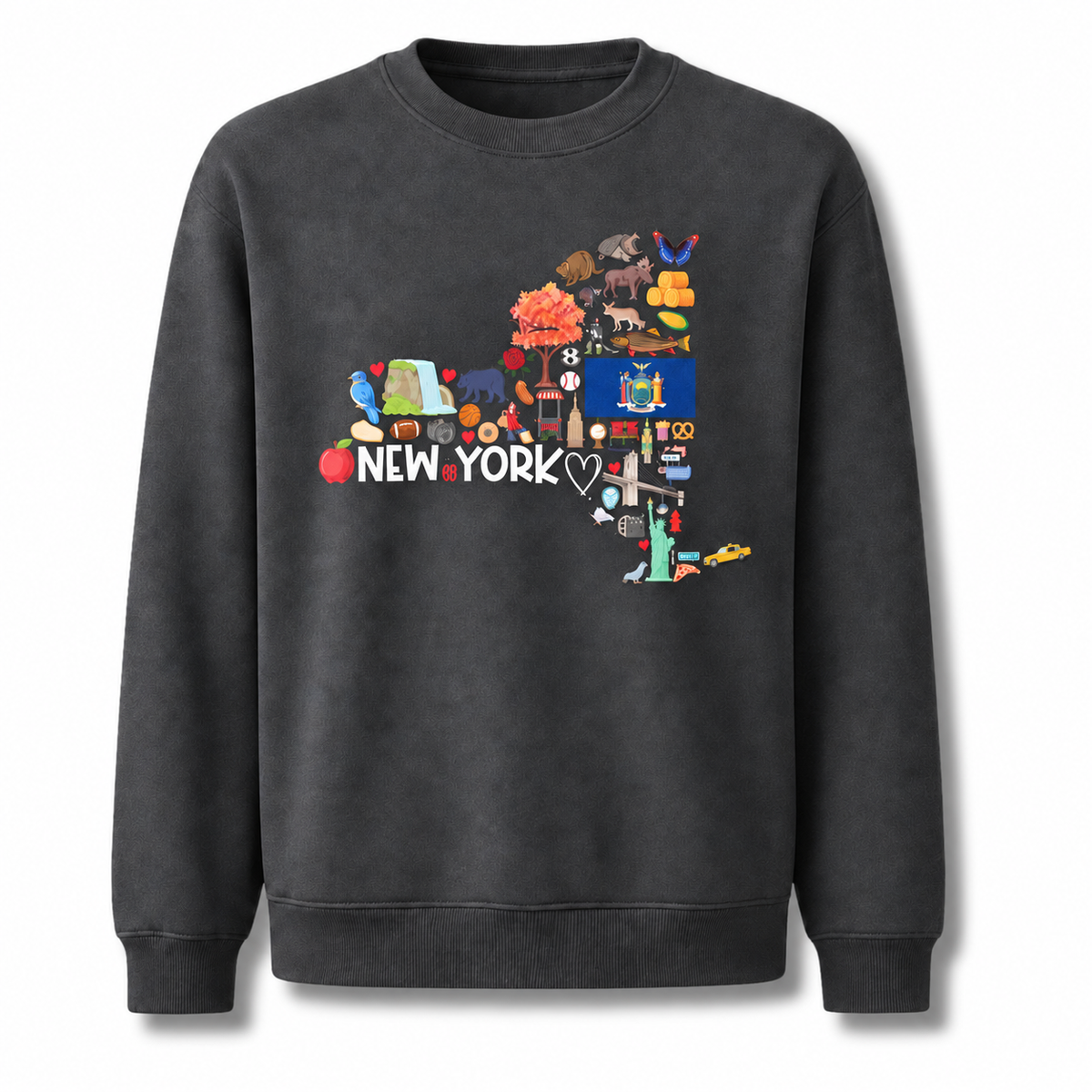 New York State Map Landmarks Icons Collage Sweatshirt - Dark Heather