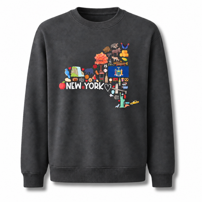 New York State Map Landmarks Icons Collage Sweatshirt - Dark Heather