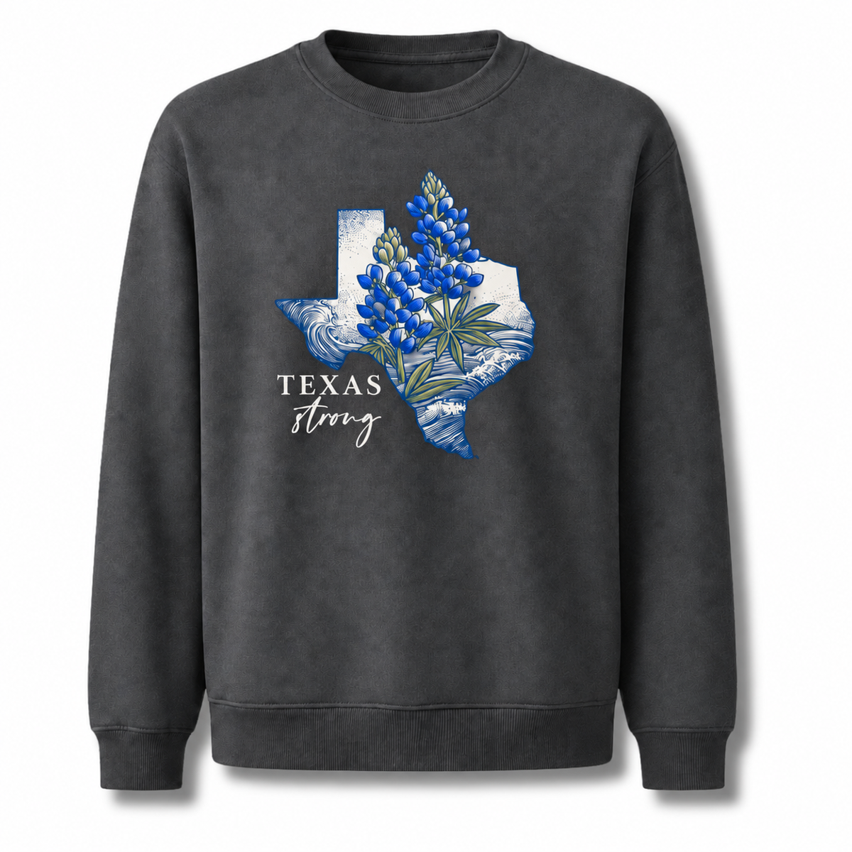 Texas Strong Bluebonnet Wildflower Botanical Vintage Distressed Sweatshirt - Dark Heather