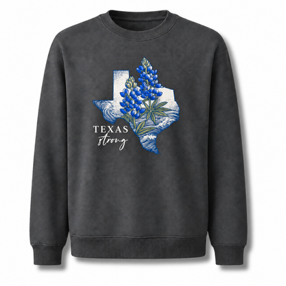 Texas Strong Bluebonnet Wildflower Botanical Vintage Distressed Sweatshirt - Dark Heather