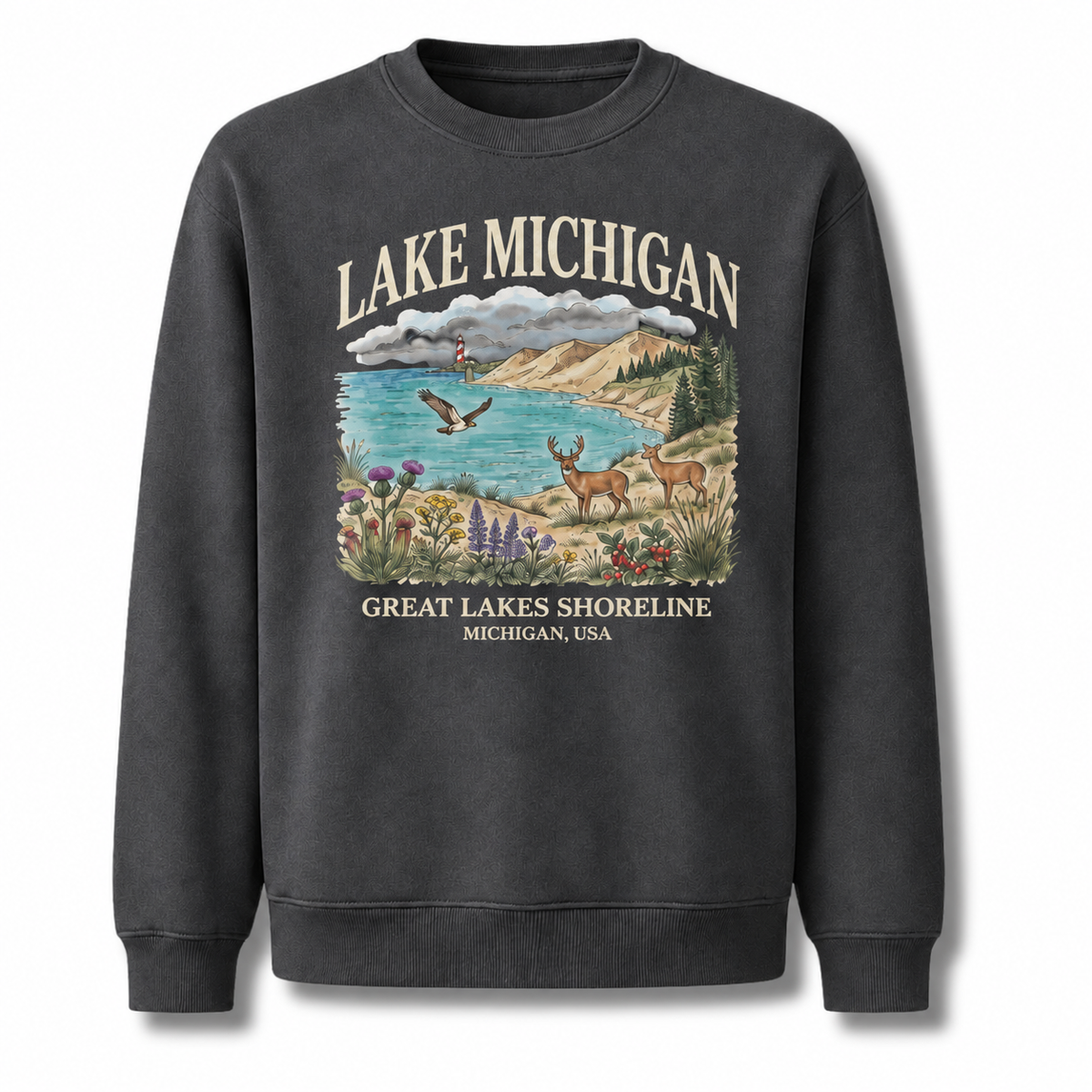Lake Michigan Scenic Coastal Pine Vintage Sweatshirt - Dark Heather