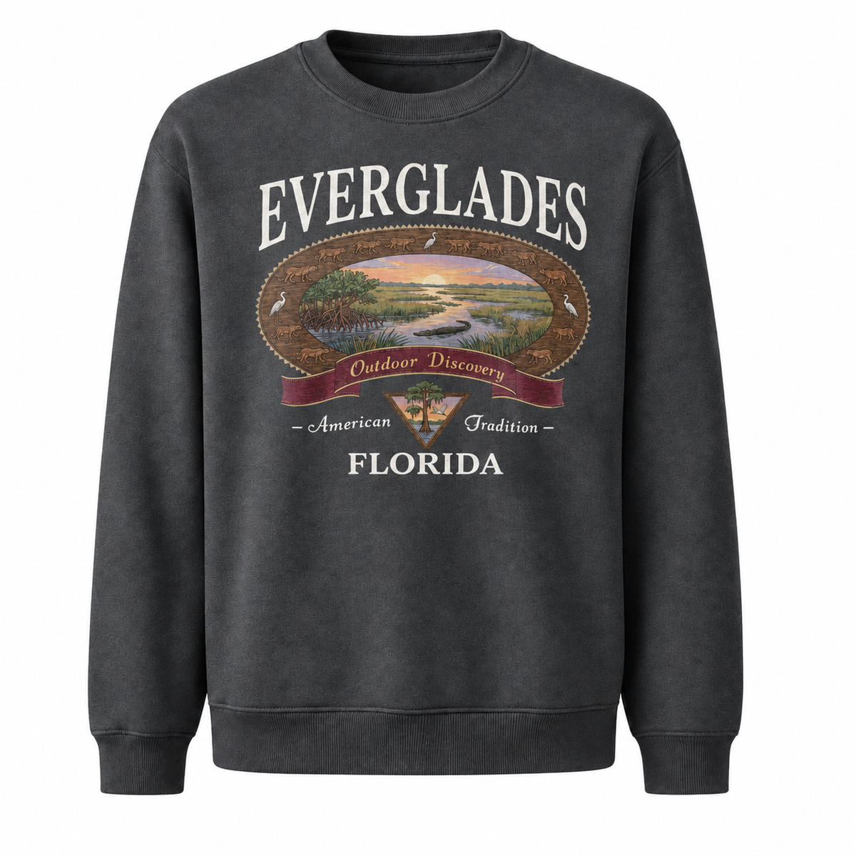 Florida Everglades Great Heron Wildlife Scene Sweatshirt - Dark Heather