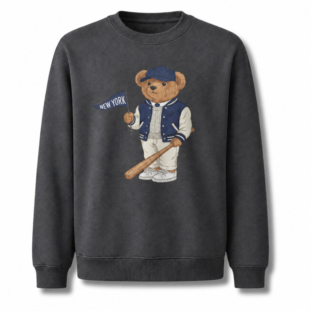 New York Baseball Teddy Bear Vintage Athletic Sweatshirt - Dark Heather