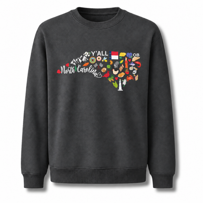 North Carolina State Map Landmarks Icons Collage Sweatshirt - Dark Heather