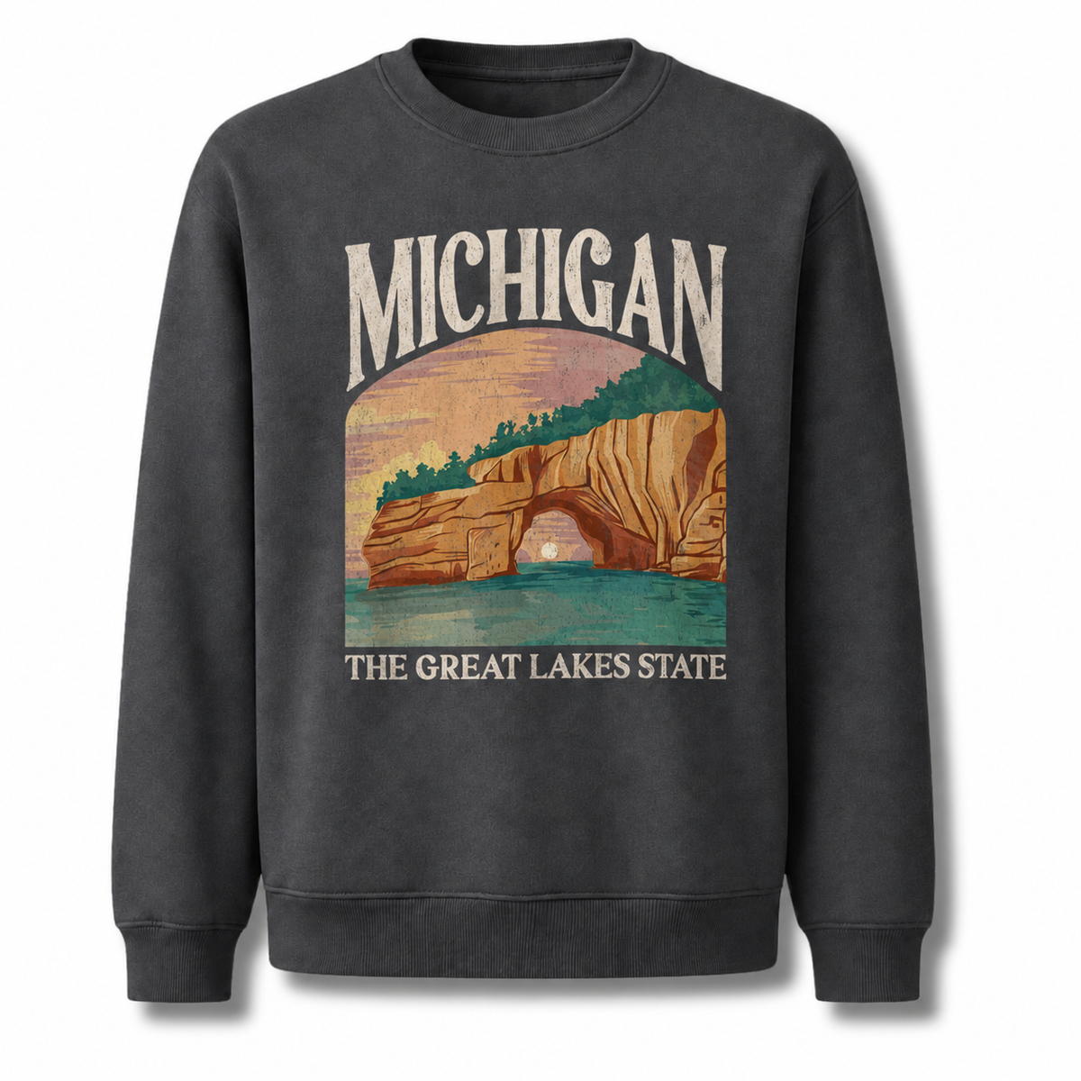 Michigan Great Lakes Vintage Nature Landscape Sweatshirt - Dark Heather