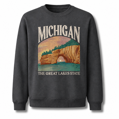 Michigan Great Lakes Vintage Nature Landscape Sweatshirt - Dark Heather