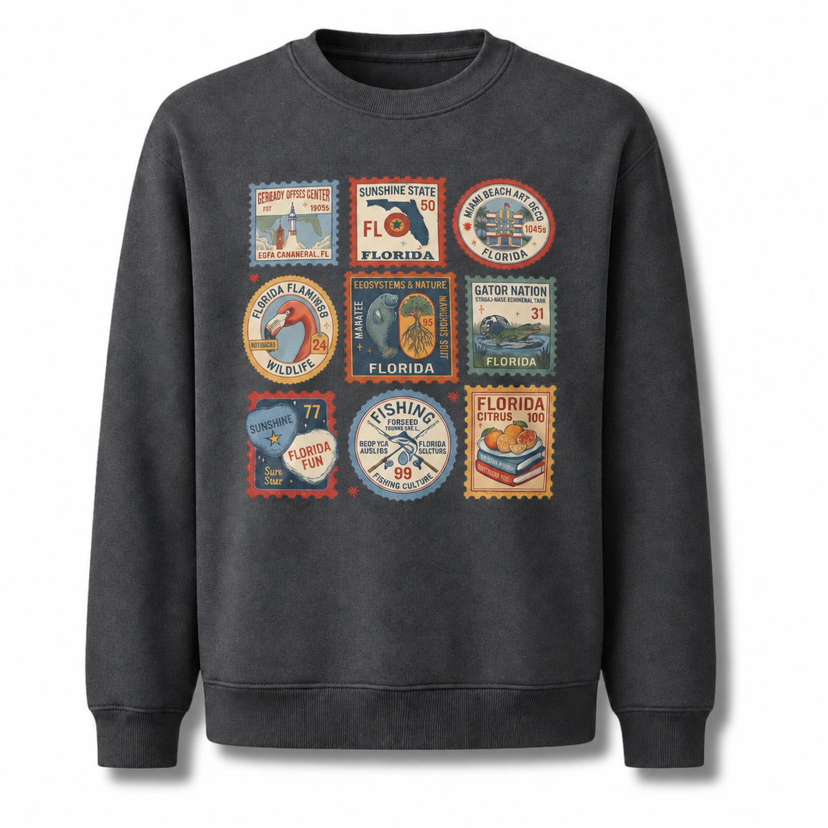 Florida Vintage Travel Postage Stamps Collage Sweatshirt - Dark Heather