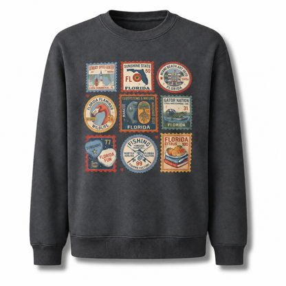Florida Vintage Travel Postage Stamps Collage Sweatshirt - Dark Heather