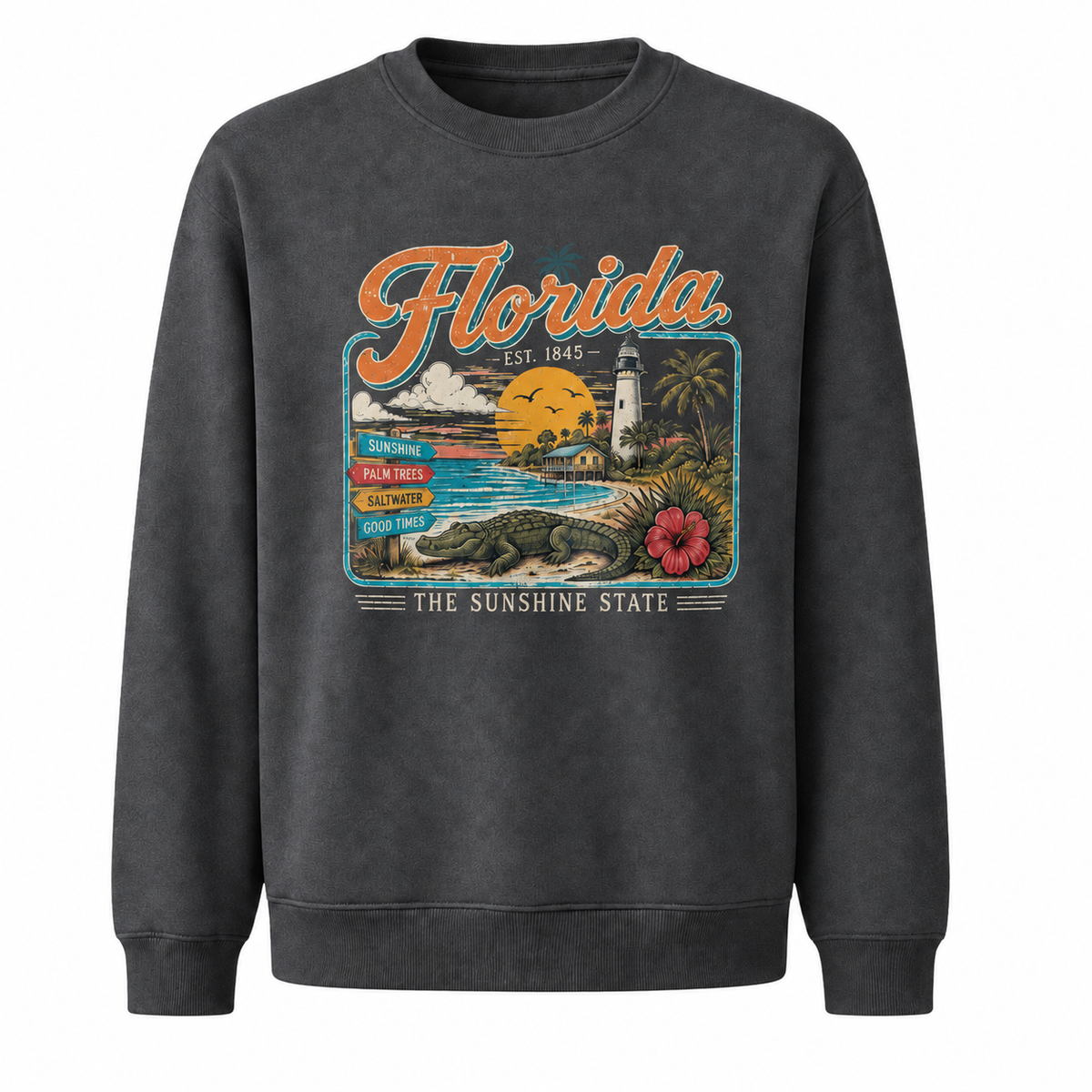 Florida Palm Trees Vintage Tropical Sunset Sweatshirt - Dark Heather