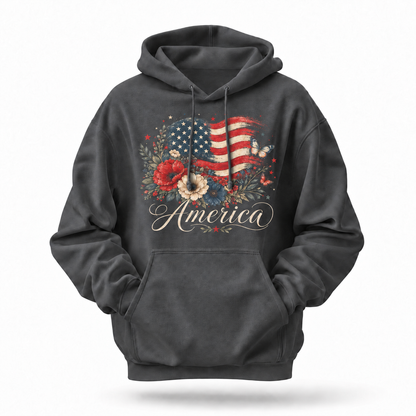 America Floral Butterfly Flag Vintage Hoodie