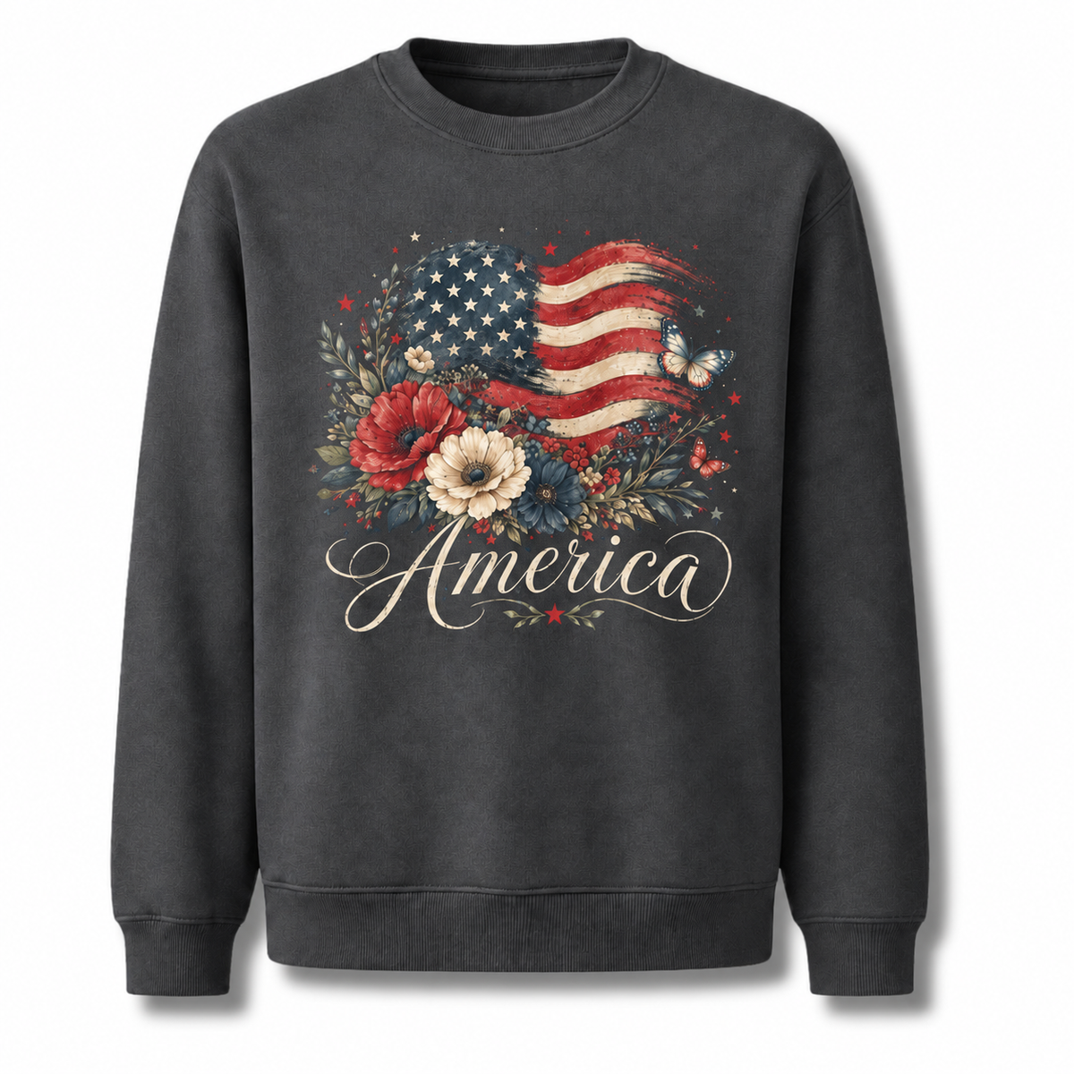 America Watercolor Floral Flag Butterfly Sweatshirt