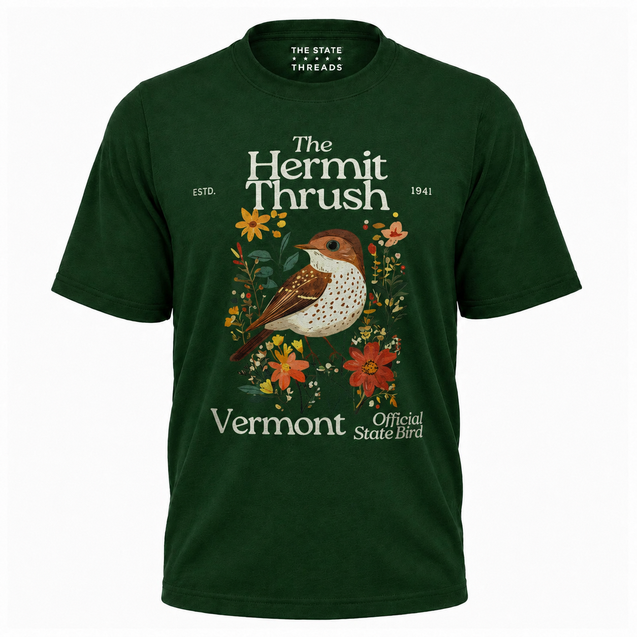 Vermont Hermit Thrush State Bird Vintage Floral Shirt