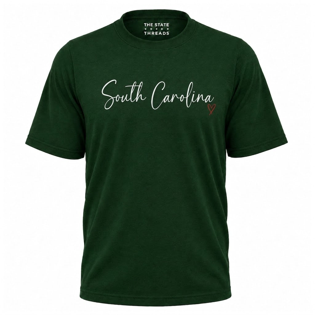 South Carolina Cursive Script Red Heart Graphic Shirt