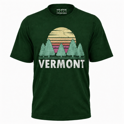 Vermont Retro Sunset Pine Trees Nature Hiking Shirt