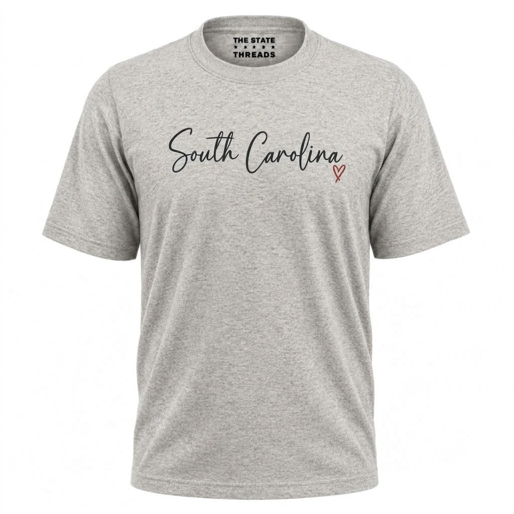 South Carolina Cursive Script Red Heart Graphic Shirt