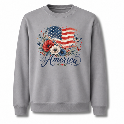 America Watercolor Floral Flag Butterfly Sweatshirt