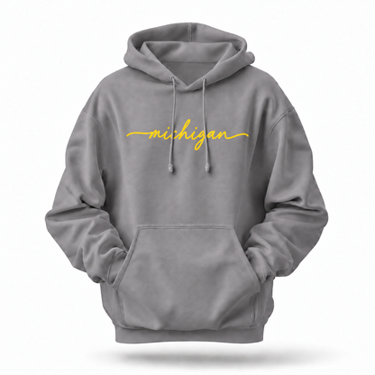 Michigan Minimalist Yellow Script Hoodie