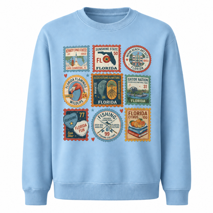 Florida Vintage Travel Postage Stamps Collage Sweatshirt - Light Blue