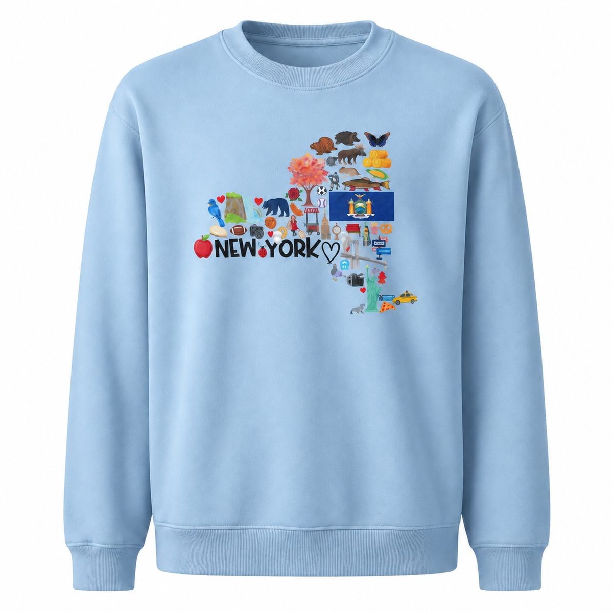 New York State Map Landmarks Icons Collage Sweatshirt - Light Blue