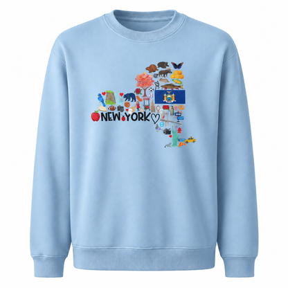 New York State Map Landmarks Icons Collage Sweatshirt - Light Blue