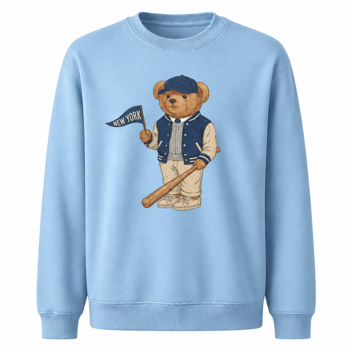 New York Baseball Teddy Bear Vintage Athletic Sweatshirt - Light Blue