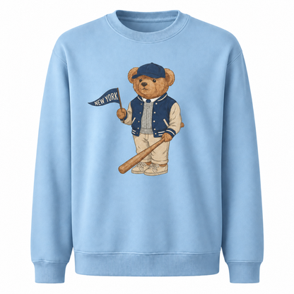 New York Baseball Teddy Bear Vintage Athletic Sweatshirt - Light Blue