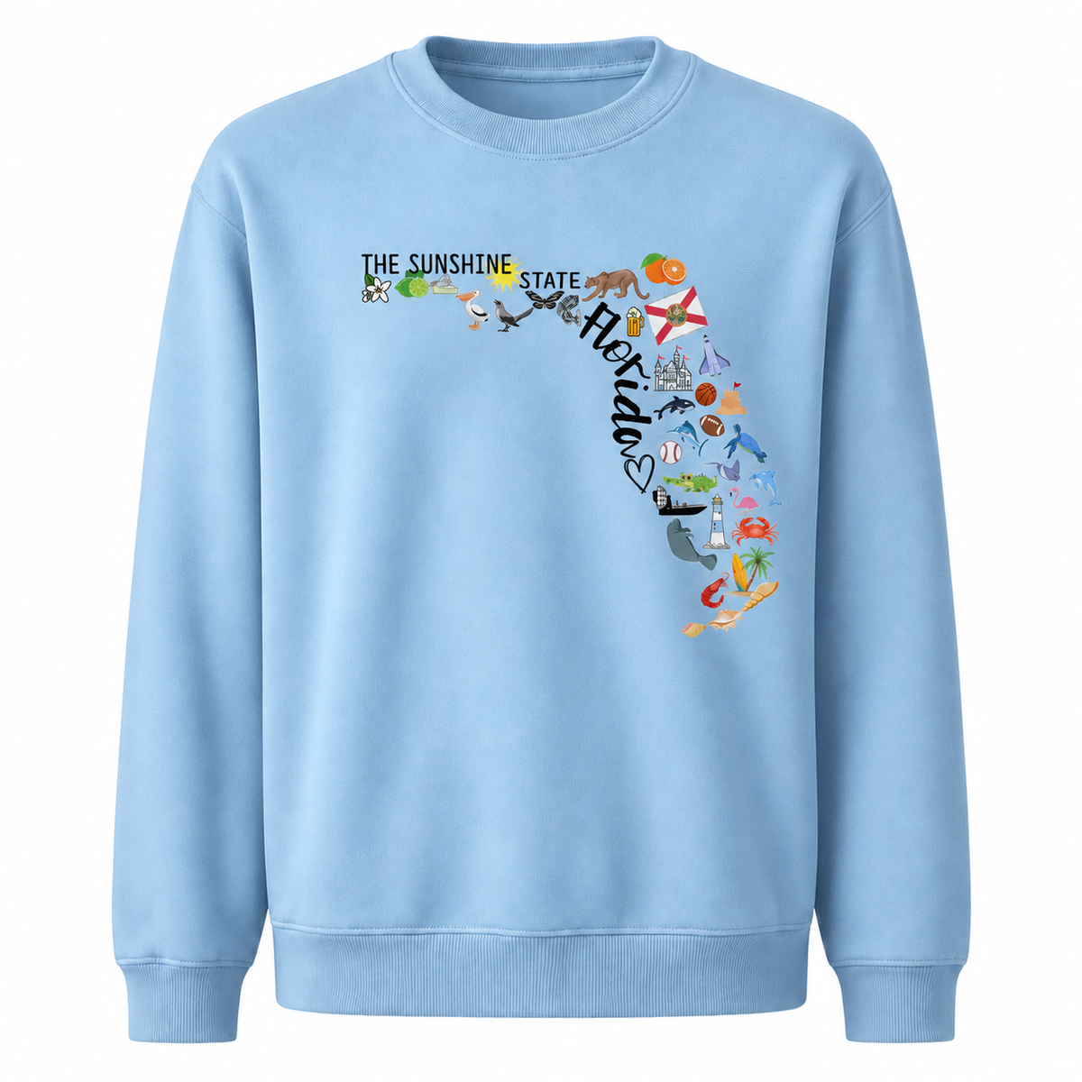 Florida Illustrated Landmarks Travel Map State Sweatshirt - Light Blue