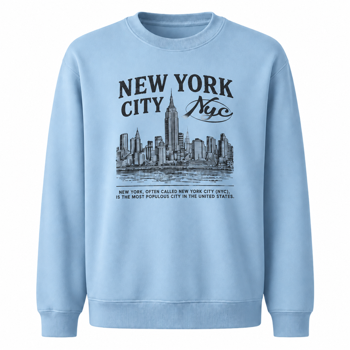 New York City Distressed Woodblock Skyline Heritage Sweatshirt - Light Blue