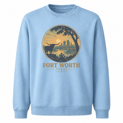 Fort Worth Texas Vintage Cityscape Heritage Graphic Sweatshirt - Light Blue
