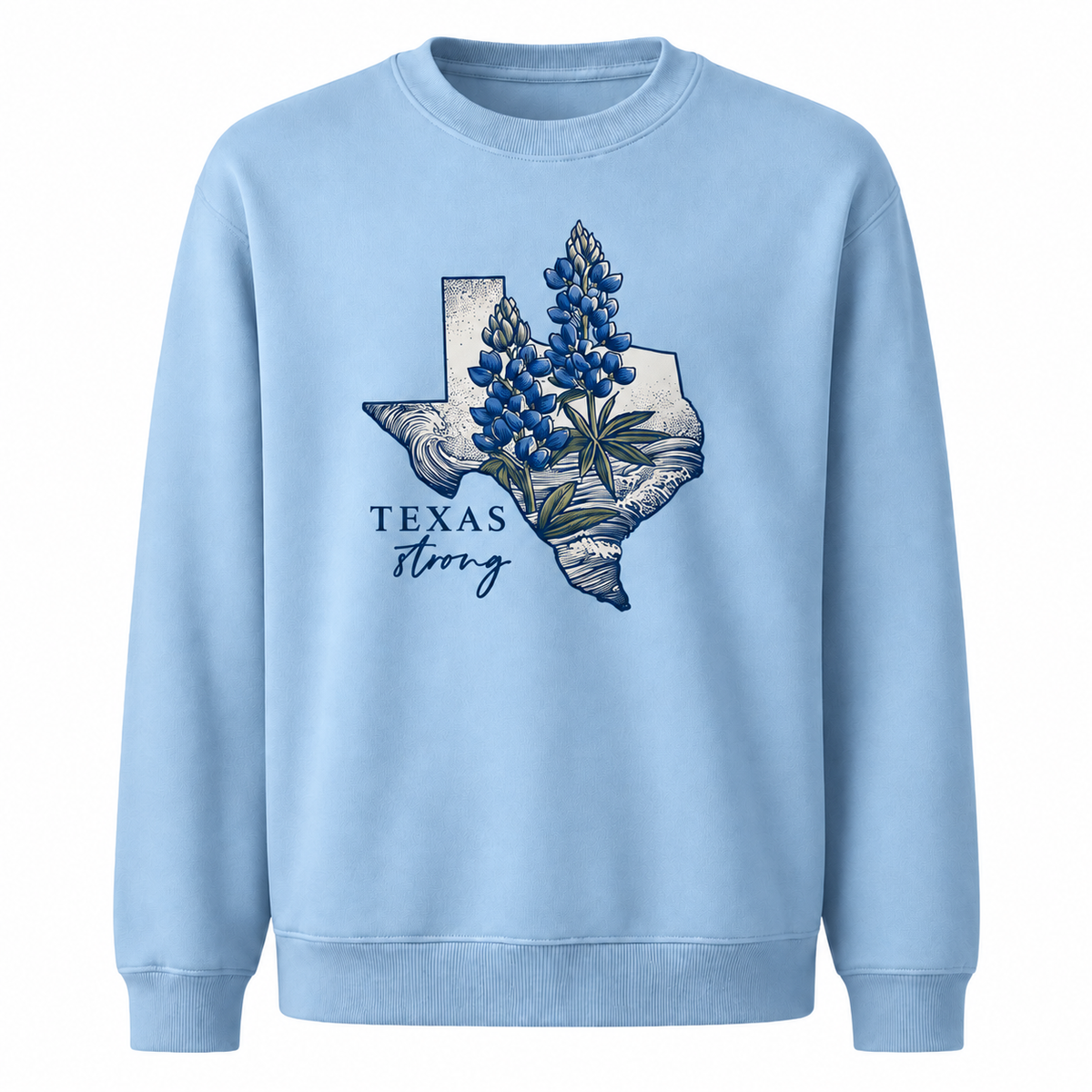 Texas Strong Bluebonnet Wildflower Botanical Vintage Distressed Sweatshirt - Light Blue