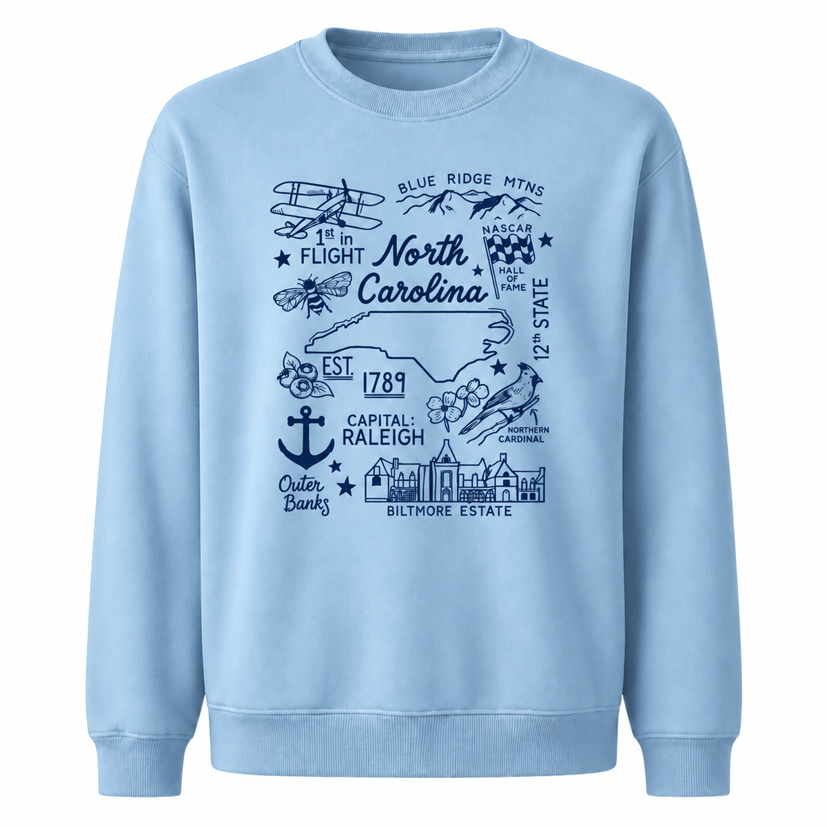 North Carolina Retro Arched Varsity Athletic Classic Sweatshirt - Light Blue