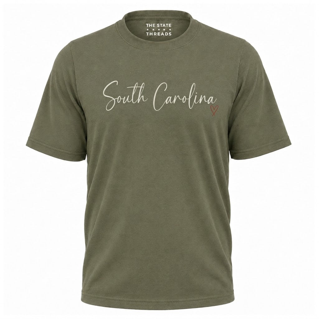 South Carolina Cursive Script Red Heart Graphic Shirt