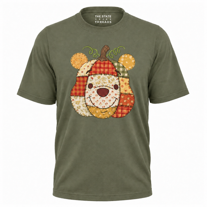 America Autumn Bear Patchwork Pumpkin Graphic Shirt