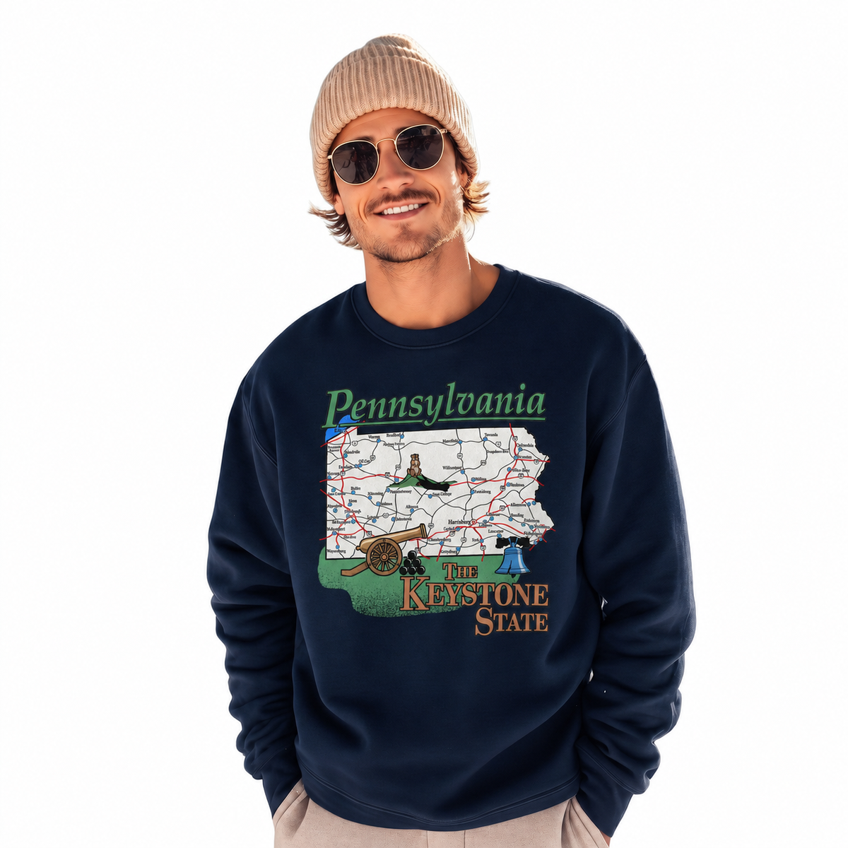 Pennsylvania Countryside State Map Rustic Vintage Sweatshirt - Navy (Male Model)