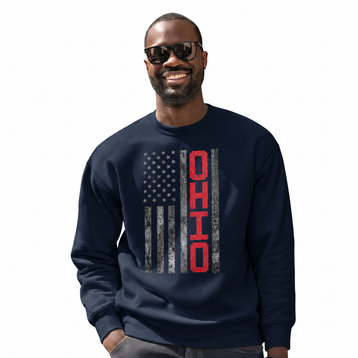 Ohio State Flag Heritage Patriotic Vintage Sweatshirt - Navy (Male Model)