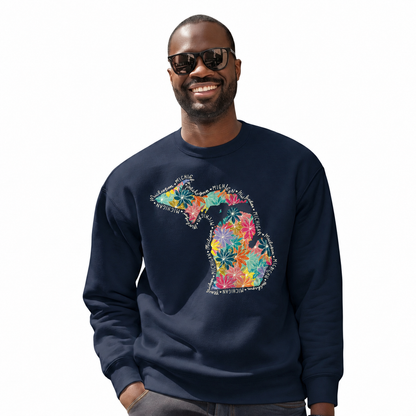 Michigan Apple Blossom Vintage Botanical Floral Sweatshirt - Navy (Male Model)
