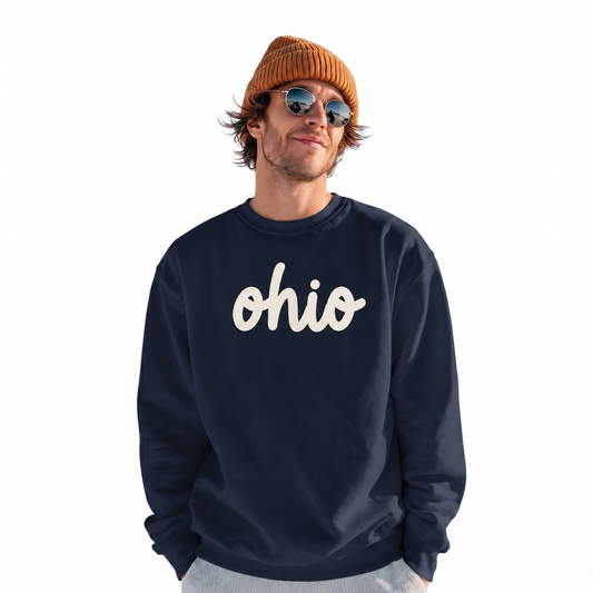 Ohio Minimalist Handwritten Cursive Script Vintage Sweatshirt - Vintage State Pride Apparel Detail | The State Threads