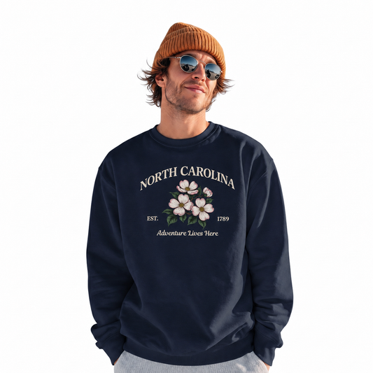 North Carolina Dogwood Flower Vintage Botanical Floral Sweatshirt - Navy (Male Model)