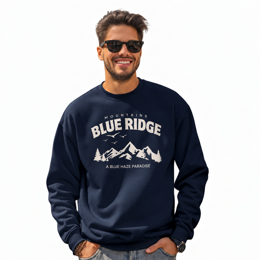 Blue Ridge Georgia Mountains Blue Haze Paradise Sweatshirt - Navy (Male Model)
