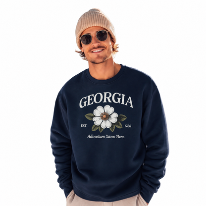 Georgia State Flower Cherokee Rose Adventure Vintage Sweatshirt - Navy (Male Model)