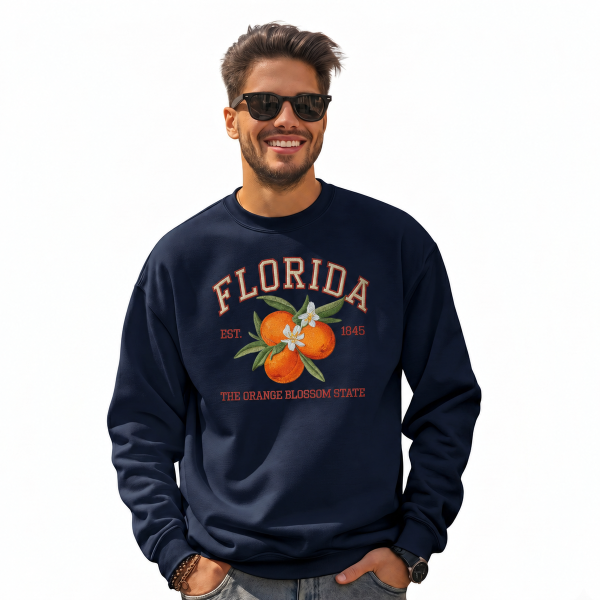 Florida Embroidered Style Orange Blossom Emblem Sweatshirt - Navy (Male Model)