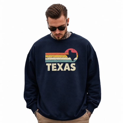 Texas Retro Sunset Skyline Vintage Distressed Graphic Sweatshirt - Navy (Male Model)