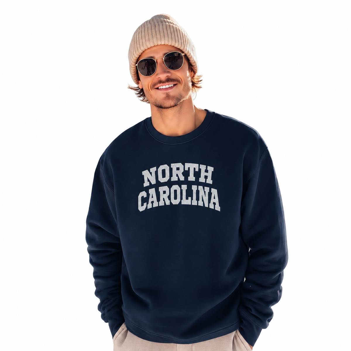 North Carolina Collegiate Arched Block Lettering Retro Sweatshirt - Navy (Male Model)