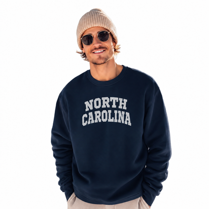 North Carolina Collegiate Arched Block Lettering Retro Sweatshirt - Navy (Male Model)