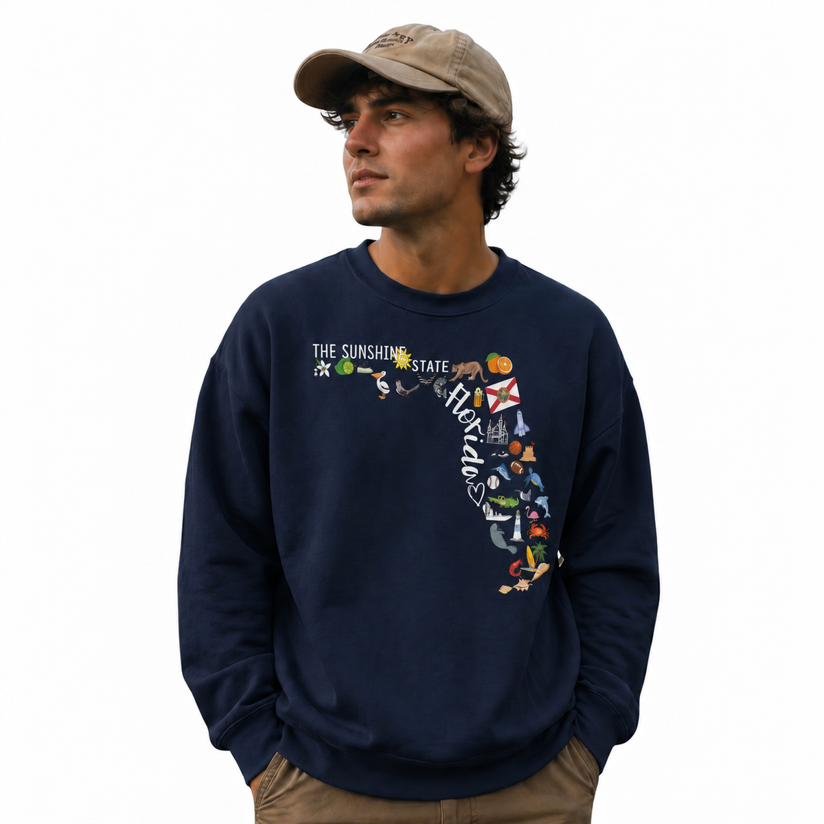 Florida Illustrated Landmarks Travel Map State Sweatshirt - Navy (Male Model)