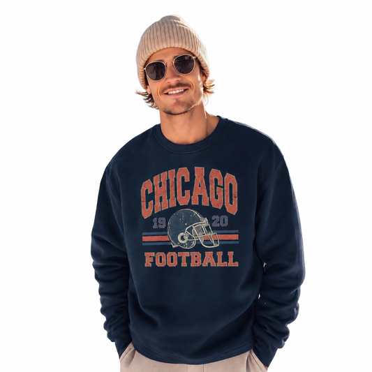 Chicago Football Gameday Retro Vintage Collegiate Sweatshirt - Navy (Male Model)