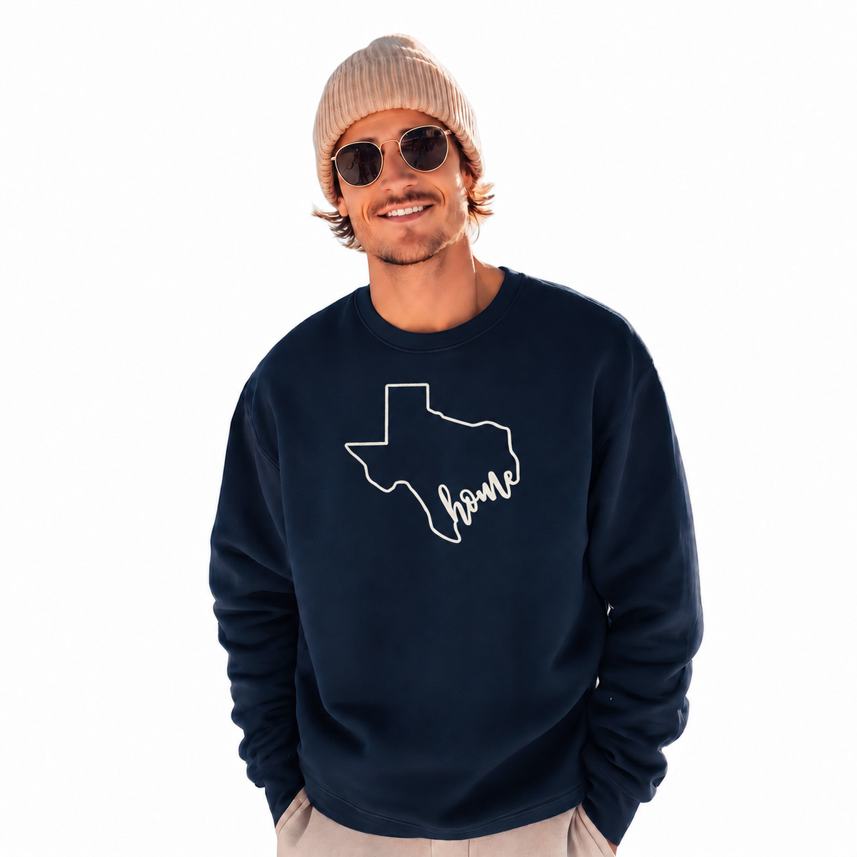 Texas Home State Pride Heart Rustic Vintage Sweatshirt - Navy (Male Model)
