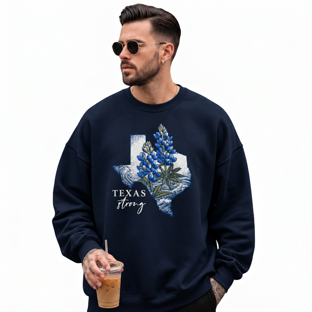 Texas Strong Bluebonnet Wildflower Botanical Vintage Distressed Sweatshirt - Navy (Male Model)